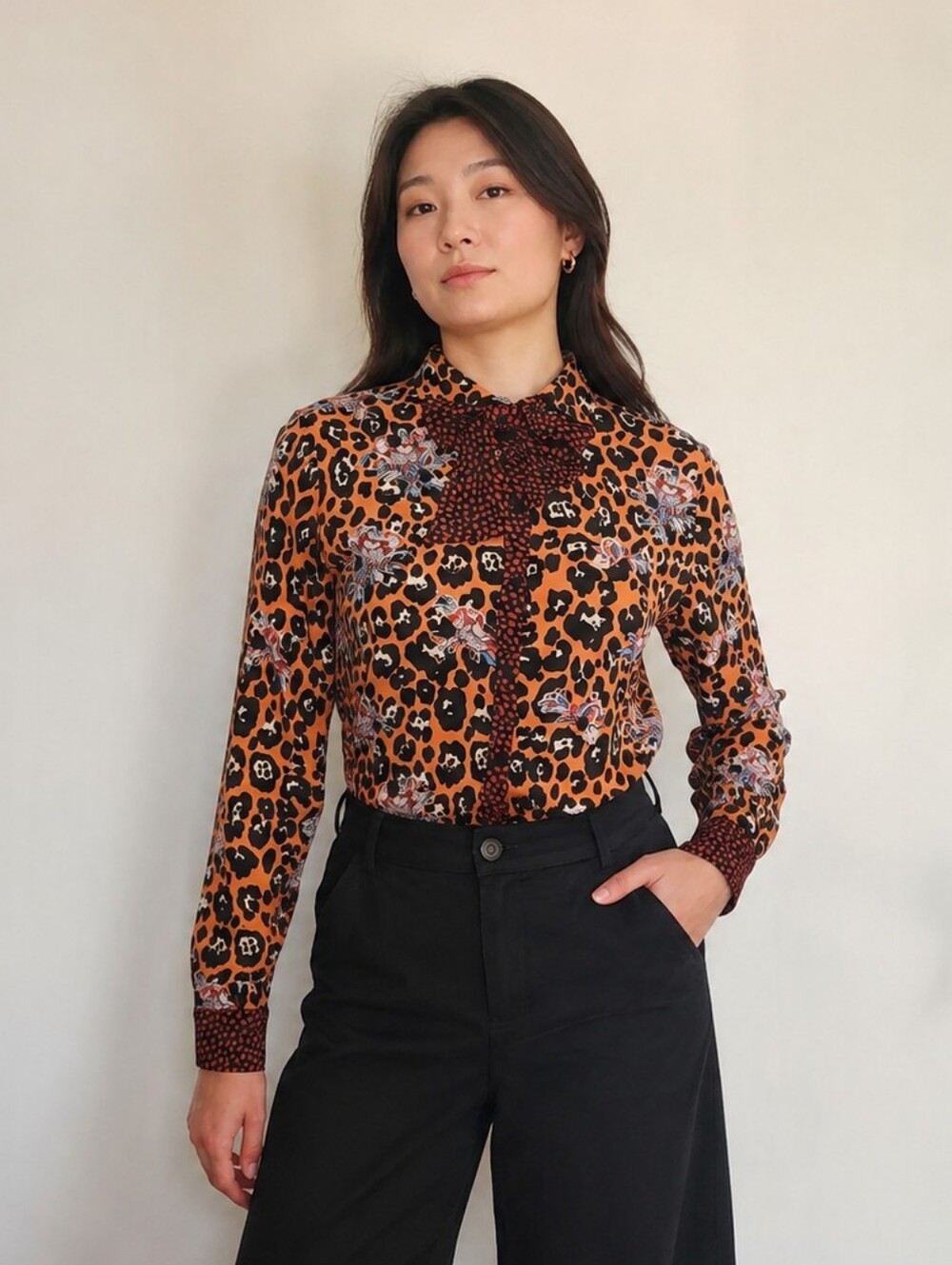 Esqualo Tie-Neck Blouse - Leopard & Floral, Size US 6